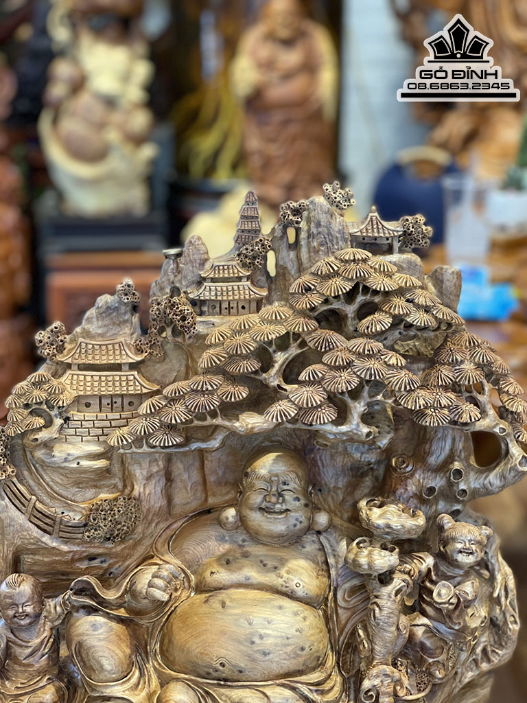 Tượng Phật Ngồi Gốc Cây Tùng Gỗ Nu Ngọc Am Cao 58 Ngang 45 Sâu 26 ( cm )