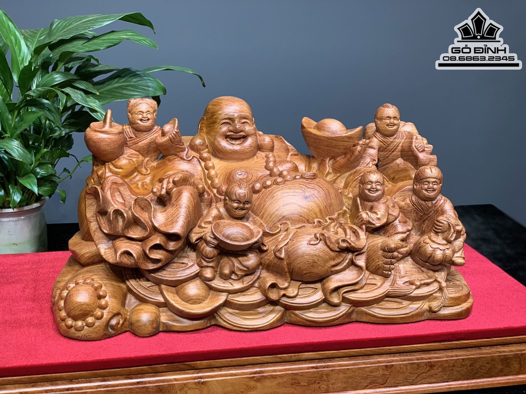 Tượng Phật Di Lặc Ngũ Phúc Gỗ Hương Đá Cao 22 Ngang 47 Sâu 22 (cm)