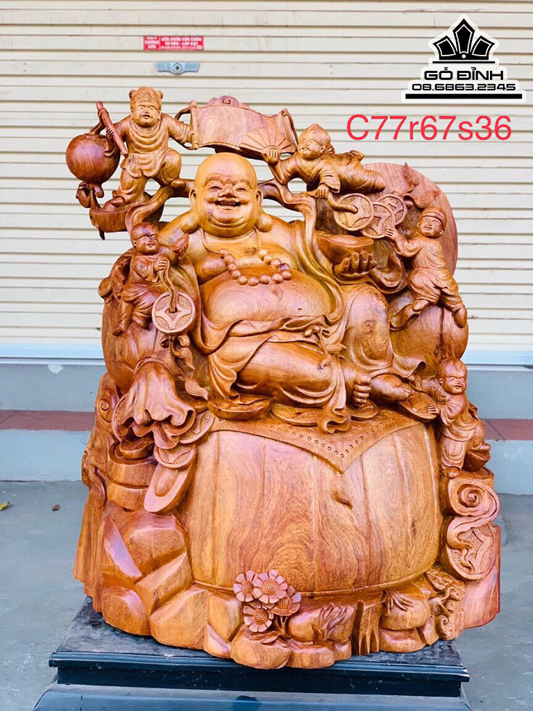 Tượng Phật Di Lặc Ngũ Phúc Gỗ Hương Việt Cao 77 Ngang 67 Sâu 36 (cm)