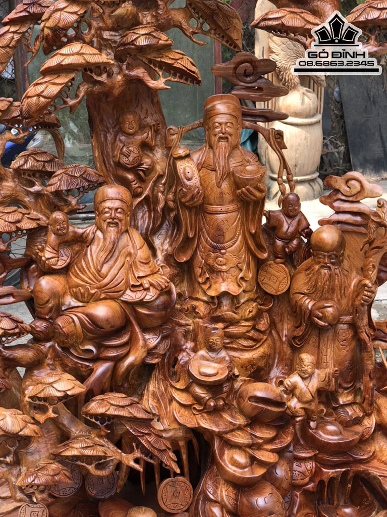 Tượng Tam Đa Đứng Gốc Tùng Gỗ Hương Cao 165 Ngang 90 Sâu 50(cm)