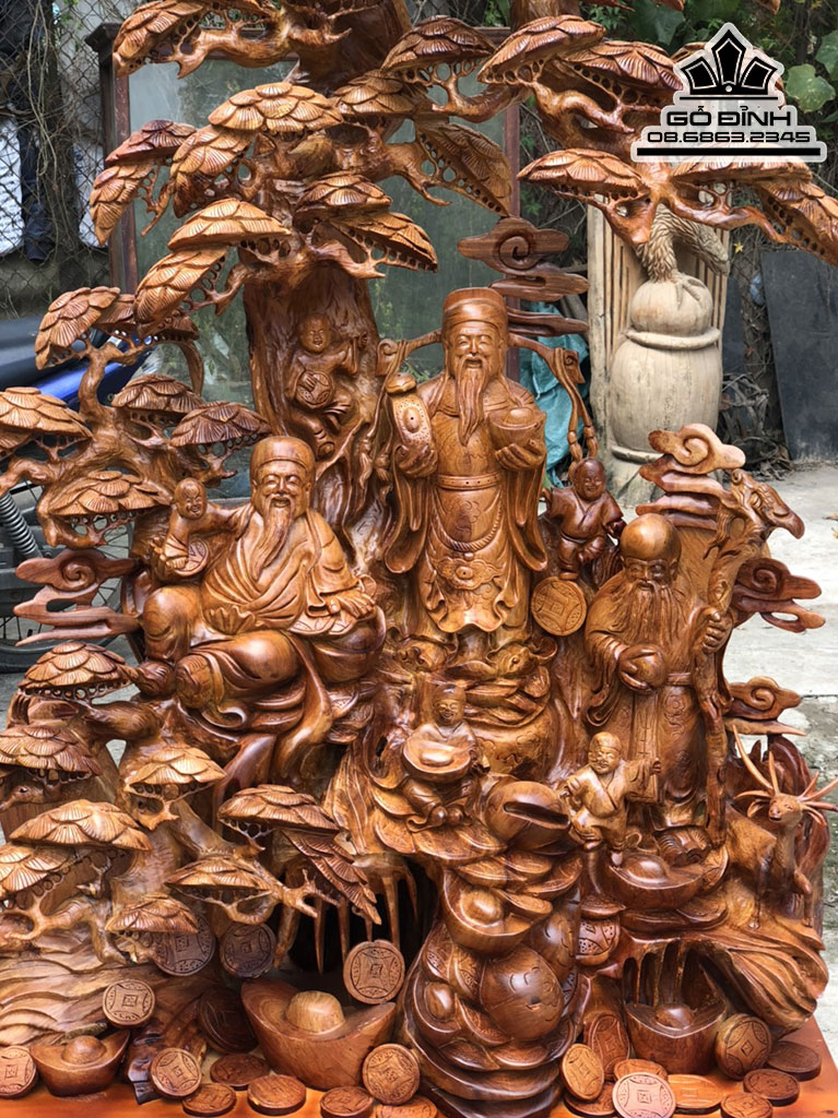 Tượng Tam Đa Đứng Gốc Tùng Gỗ Hương Cao 165 Ngang 90 Sâu 50(cm)