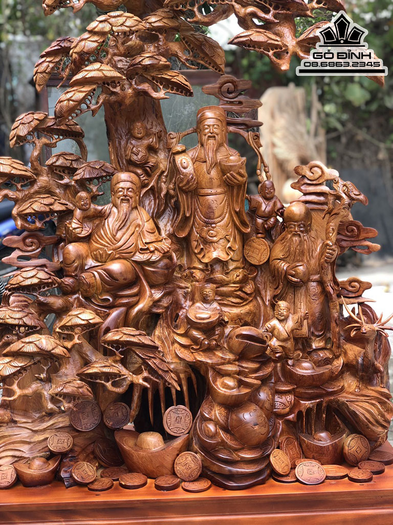 Tượng Tam Đa Đứng Gốc Tùng Gỗ Hương Cao 165 Ngang 90 Sâu 50(cm)