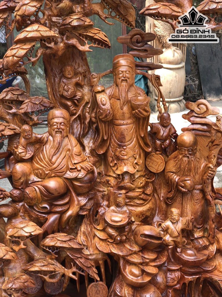 Tượng Tam Đa Đứng Gốc Tùng Gỗ Hương Cao 165 Ngang 90 Sâu 50(cm)