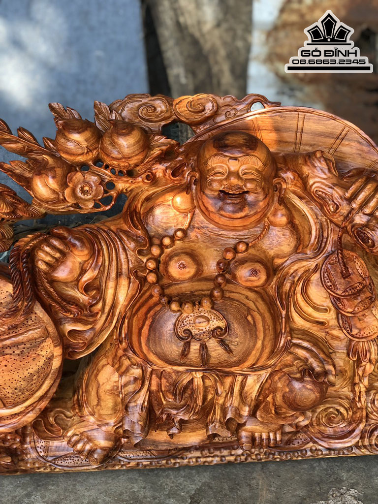 Tượng Phật Di Lặc Kéo Bao Tiền Gỗ Hương Cao 70 Ngang 45 Sâu 28(cm)