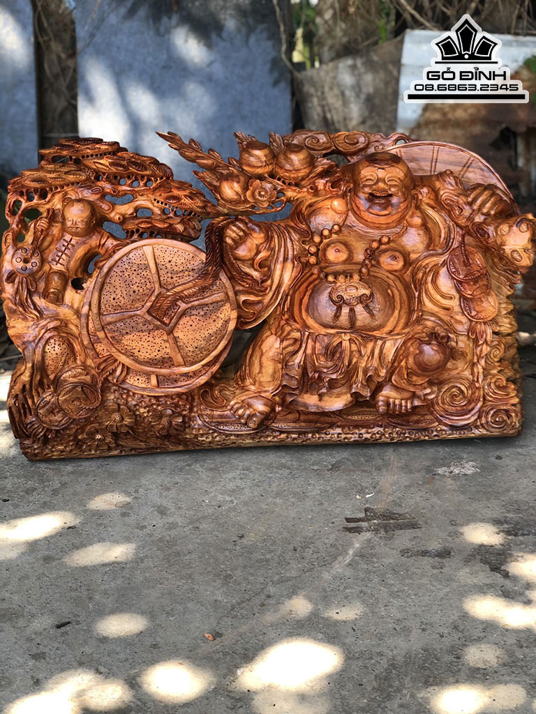 Tượng Phật Di Lặc Kéo Bao Tiền Gỗ Hương Cao 70 Ngang 45 Sâu 28(cm)