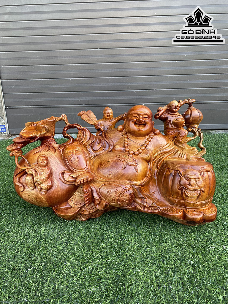 Tượng Phật Di Lặc Tam Phúc Gỗ Hương Cao 31 Ngang 56 Sâu 23 (cm)