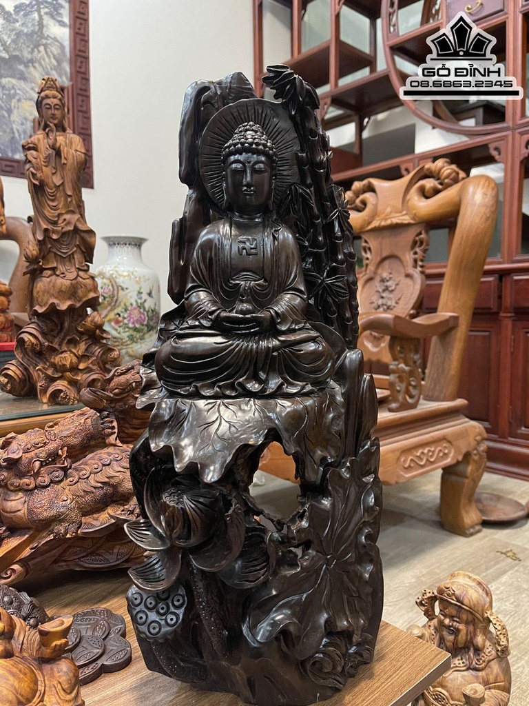 Tượng Phật Quan Âm Nhất Tâm Bái Phật Gỗ Trắc Cao 58 Ngang 28 Sâu 20(cm)