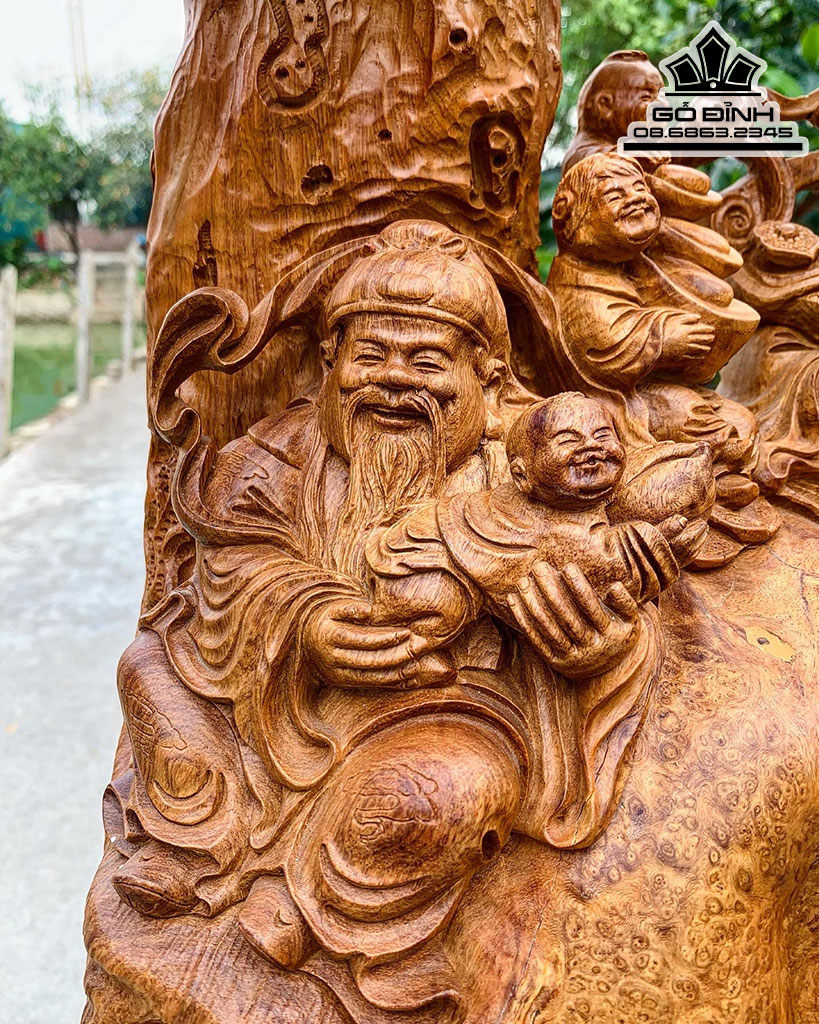 Tượng Phúc Lộc Thọ Gỗ Nu Hương Cao 102 Ngang 85 Sâu 24 Cả Kỷ 117 (cm)
