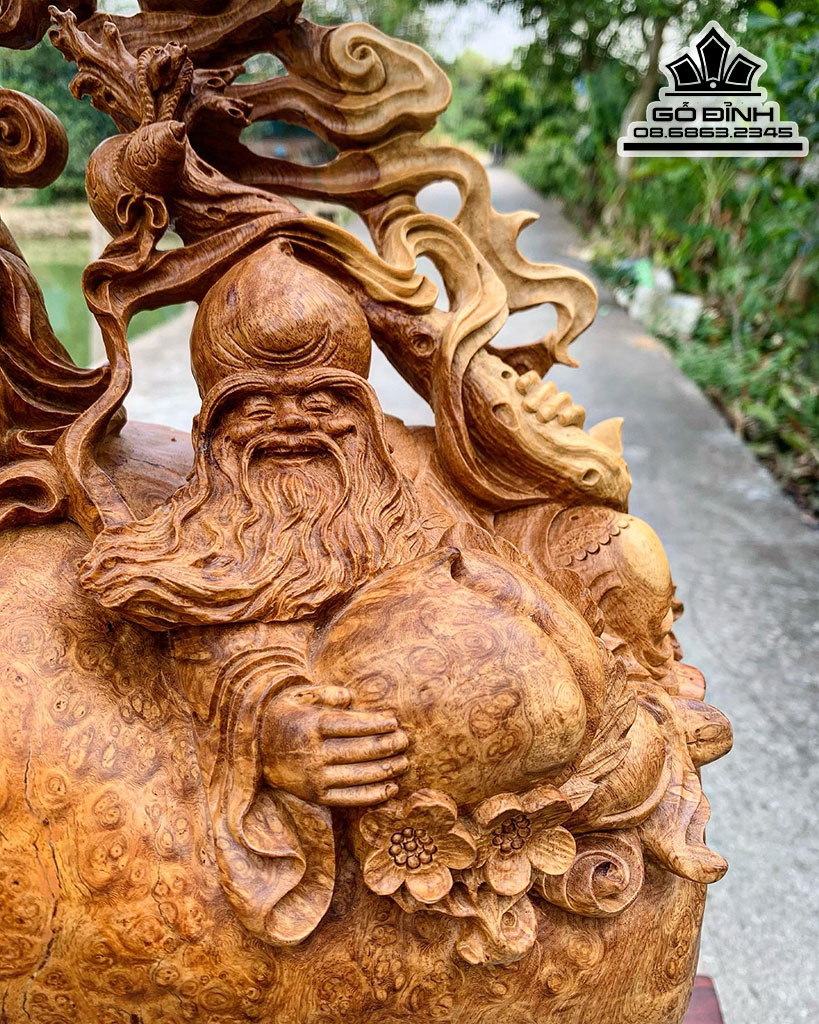 Tượng Phúc Lộc Thọ Gỗ Nu Hương Cao 102 Ngang 85 Sâu 24 Cả Kỷ 117 (cm)