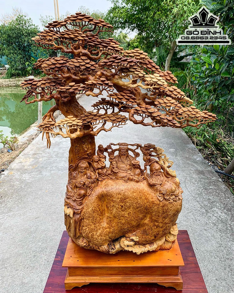 Tượng Phúc Lộc Thọ Gỗ Nu Hương Cao 102 Ngang 85 Sâu 24 Cả Kỷ 117 (cm)