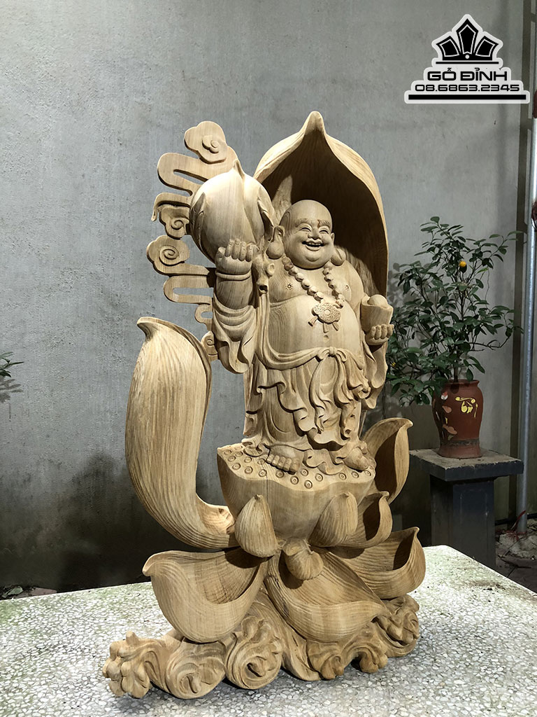 Tượng Phật Di Lặc Đứng Đài Sen Gỗ Ngọc Am Cao 82 Ngang 52 Sâu 26 (cm)