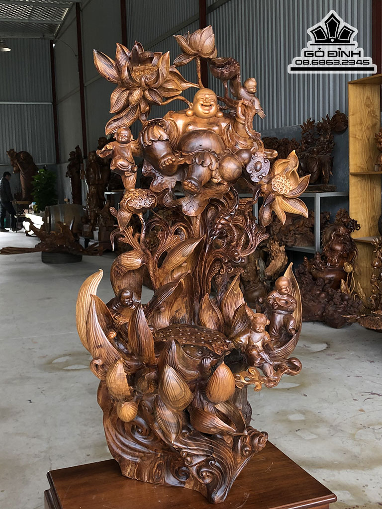 Tượng Phật Di Lặc Ngũ Phúc Gỗ Bách Xanh Cao 110 Ngang 56 Sâu 38 (cm)