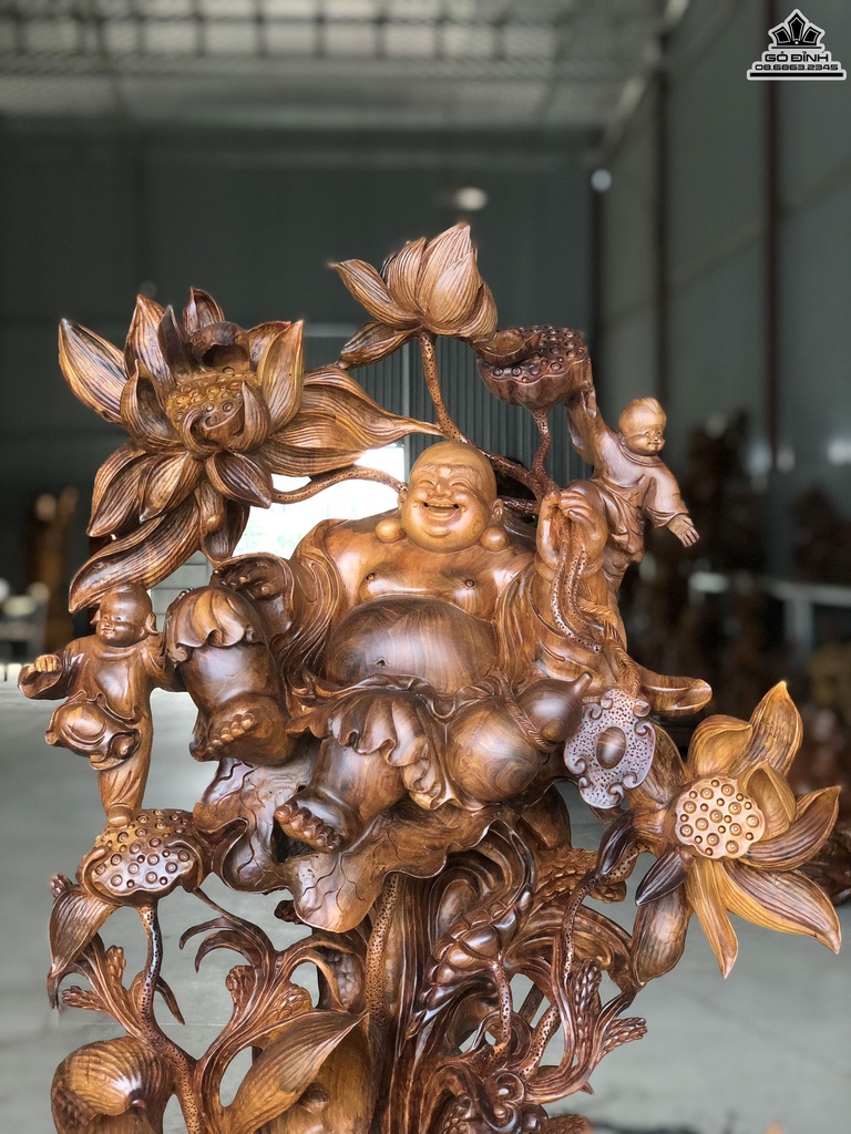 Tượng Phật Di Lặc Ngũ Phúc Gỗ Bách Xanh Cao 110 Ngang 56 Sâu 38 (cm)