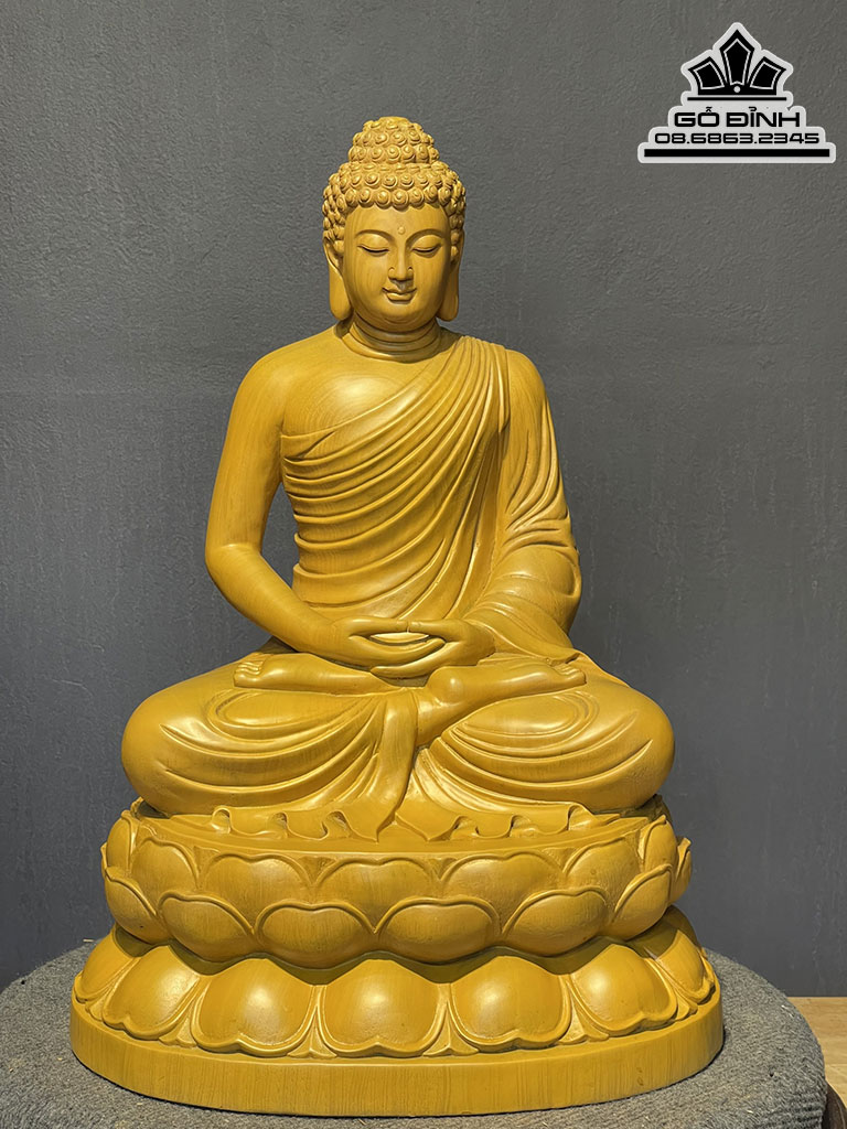 Tượng Phật Thích Ca Gỗ Gõ Vàng Cao 51 Ngang 36 Sâu 28 (cm)