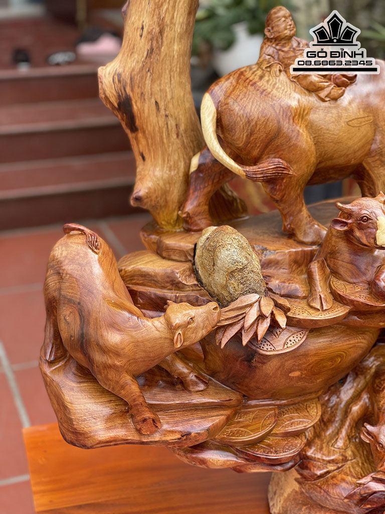 Tượng Tiểu Đồng Chăn Trâu Gỗ Hương Việt Nguyên Khối Cao 110 Ngang 106 Sâu 50 Cả Kỷ 155 (cm)