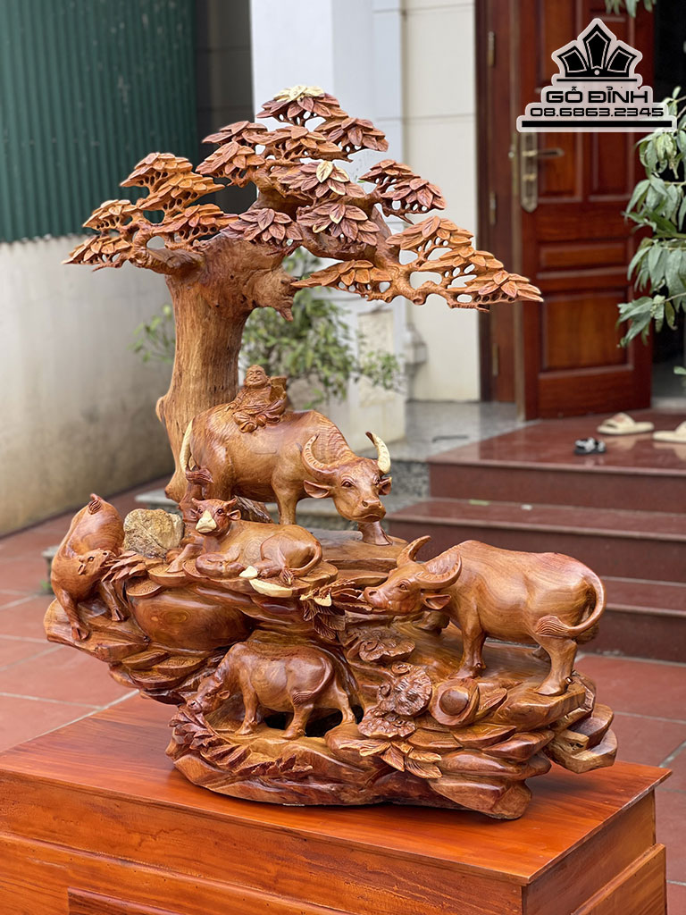 Tượng Tiểu Đồng Chăn Trâu Gỗ Hương Việt Nguyên Khối Cao 110 Ngang 106 Sâu 50 Cả Kỷ 155 (cm)