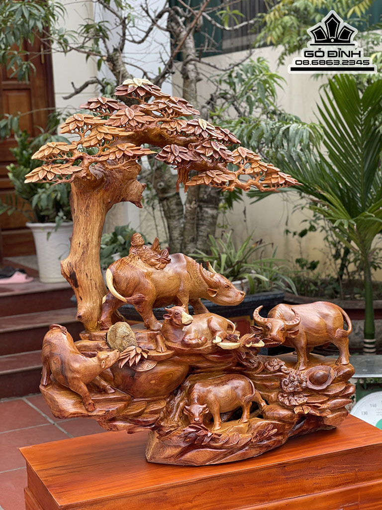 Tượng Tiểu Đồng Chăn Trâu Gỗ Hương Việt Nguyên Khối Cao 110 Ngang 106 Sâu 50 Cả Kỷ 155 (cm)