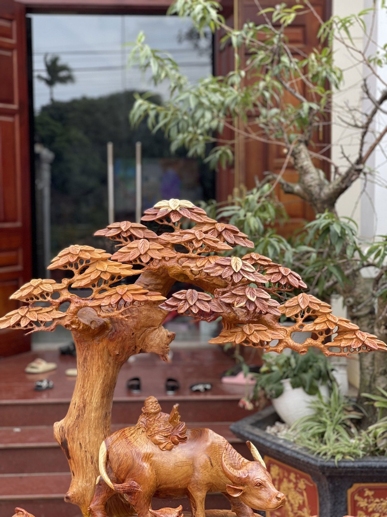 Tượng Tiểu Đồng Chăn Trâu Gỗ Hương Việt Nguyên Khối Cao 110 Ngang 106 Sâu 50 Cả Kỷ 155 (cm)