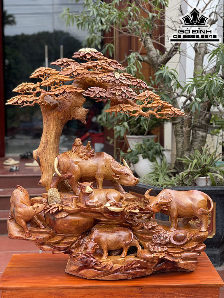 Tượng Tiểu Đồng Chăn Trâu Gỗ Hương Việt Nguyên Khối Cao 110 Ngang 106 Sâu 50 Cả Kỷ 155 (cm)