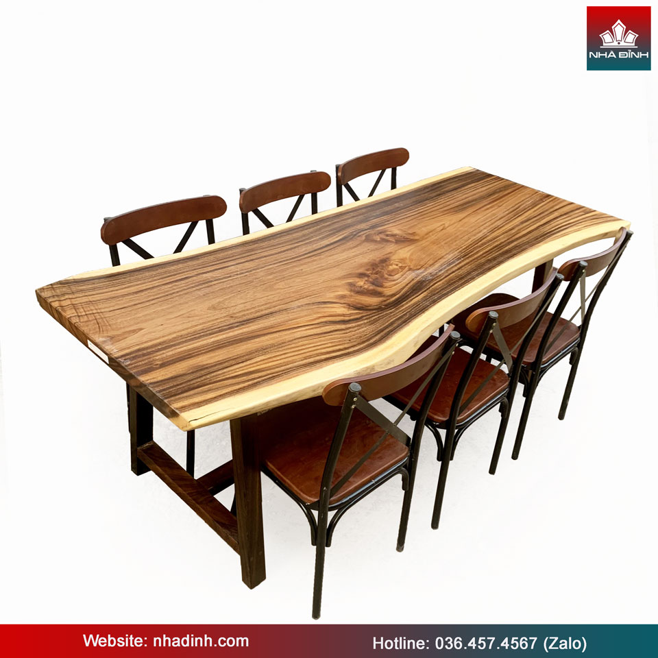 Bàn Ăn 6 Ghế Gỗ Me Tây Nguyên Khối Dài 200 Rộng 79-73-79 Dày 5,2 Cao 75 (cm)