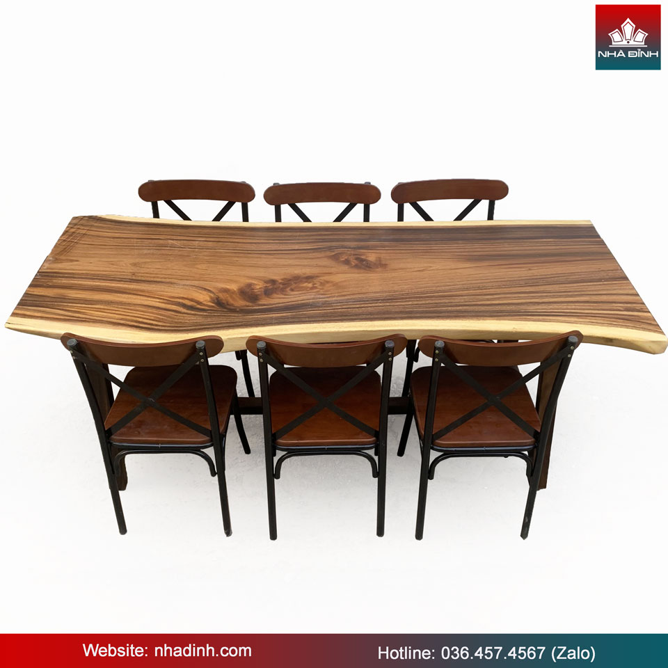 Bàn Ăn 6 Ghế Gỗ Me Tây Nguyên Khối Dài 200 Rộng 79-73-79 Dày 5,2 Cao 75 (cm)