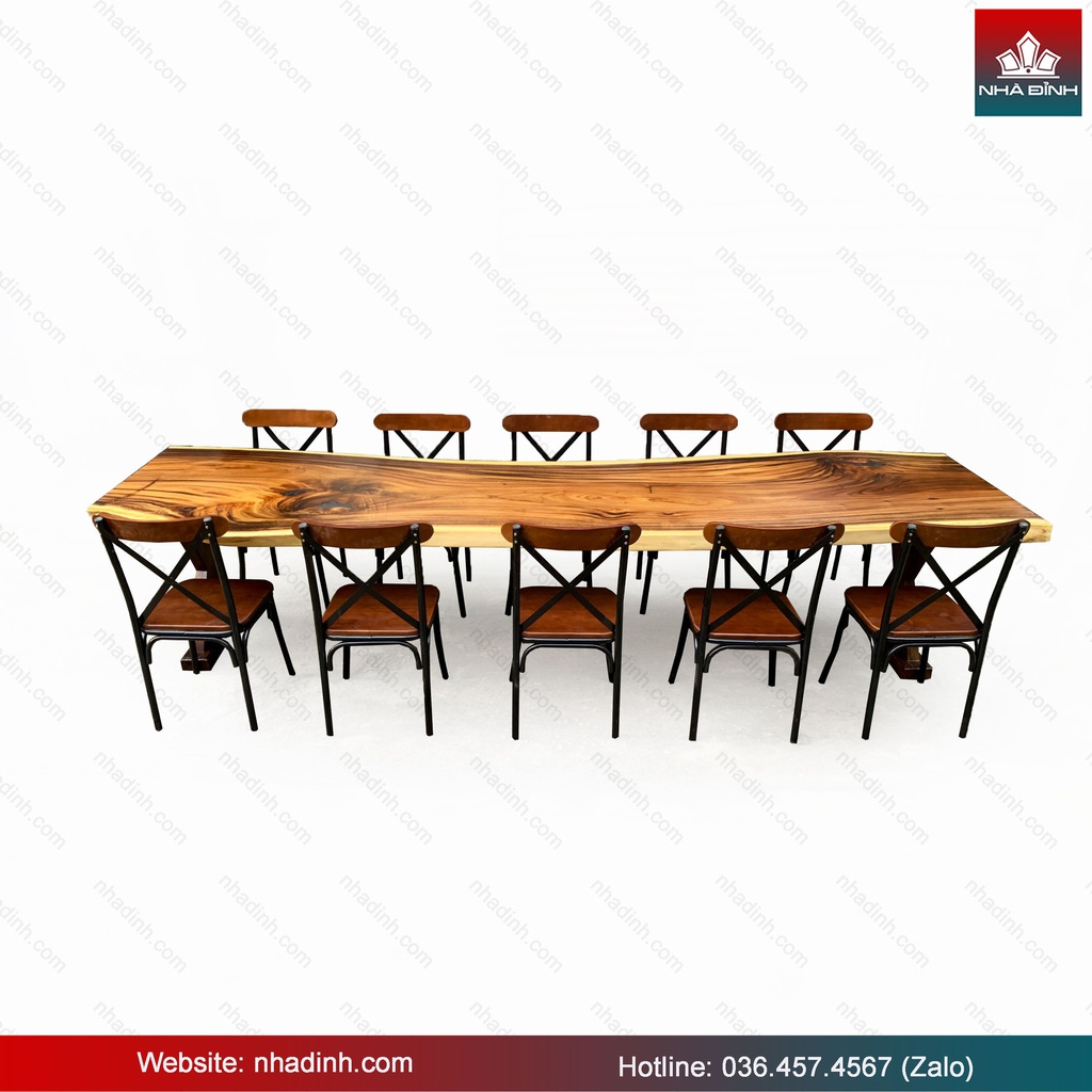 Bàn Ăn 10 Ghế Gỗ Me Tây Nguyên Khối Dài 354 Rộng 95-85-92 Dày 6,7 Cao 75 (cm)