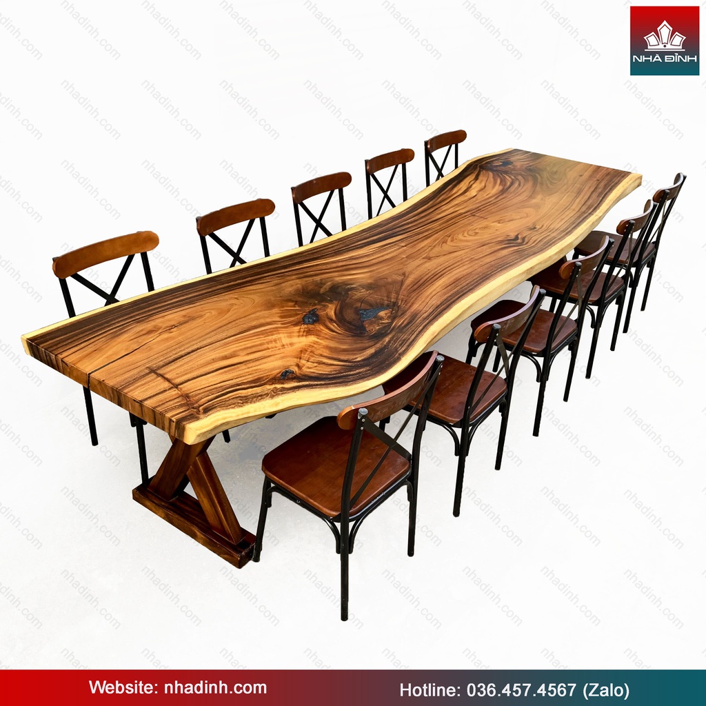 Bàn Ăn 10 Ghế Gỗ Me Tây Nguyên Khối Dài 354 Rộng 95-85-92 Dày 6,7 Cao 75 (cm)
