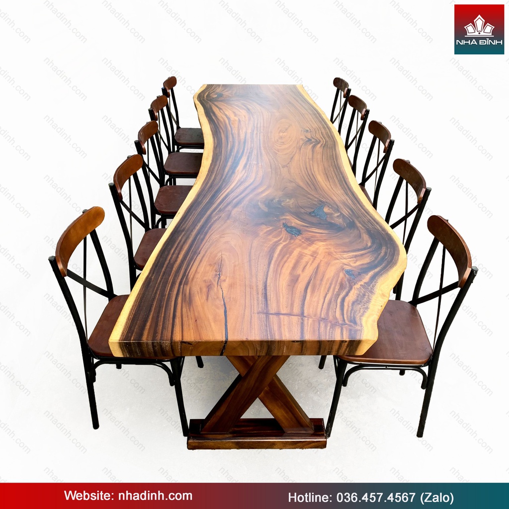 Bàn Ăn 10 Ghế Gỗ Me Tây Nguyên Khối Dài 354 Rộng 95-85-92 Dày 6,7 Cao 75 (cm)