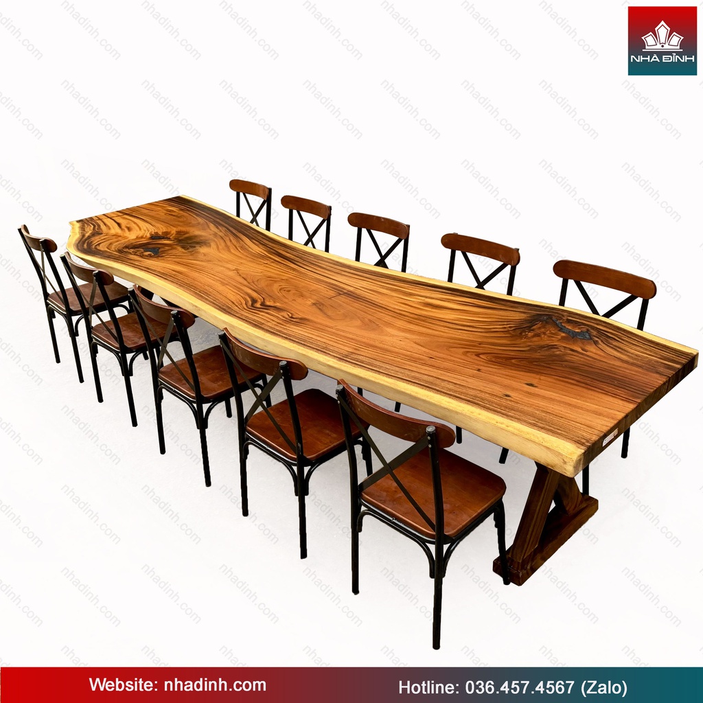Bàn Ăn 10 Ghế Gỗ Me Tây Nguyên Khối Dài 354 Rộng 95-85-92 Dày 6,7 Cao 75 (cm)
