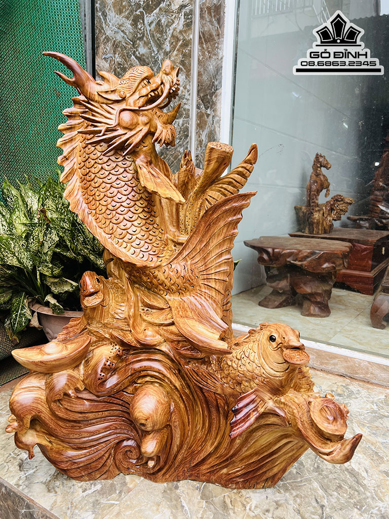 Tượng Cá Chép Hóa Rồng Gỗ Hương Cao 82 Ngang 60 Sâu 60 (cm)