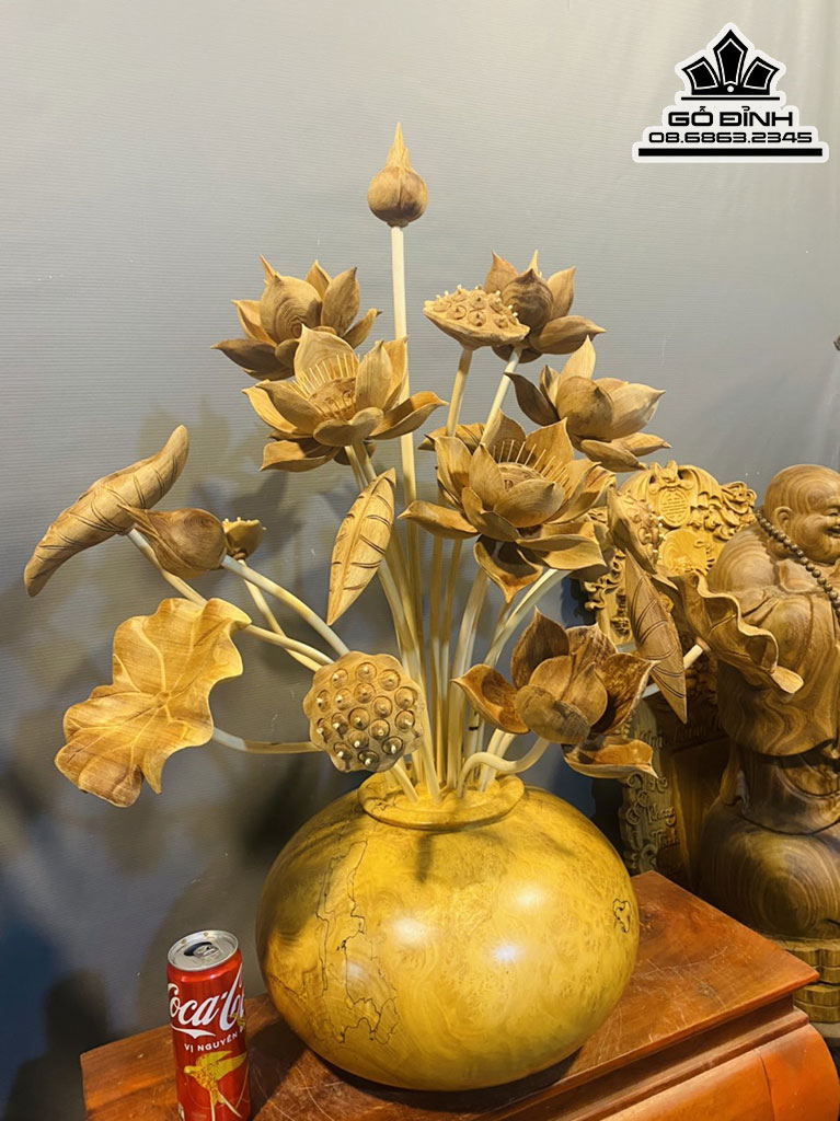 Bình Hoa Sen 21 Cành Gỗ Ngọc Am Cao 85 Đường Kính 38 (cm)