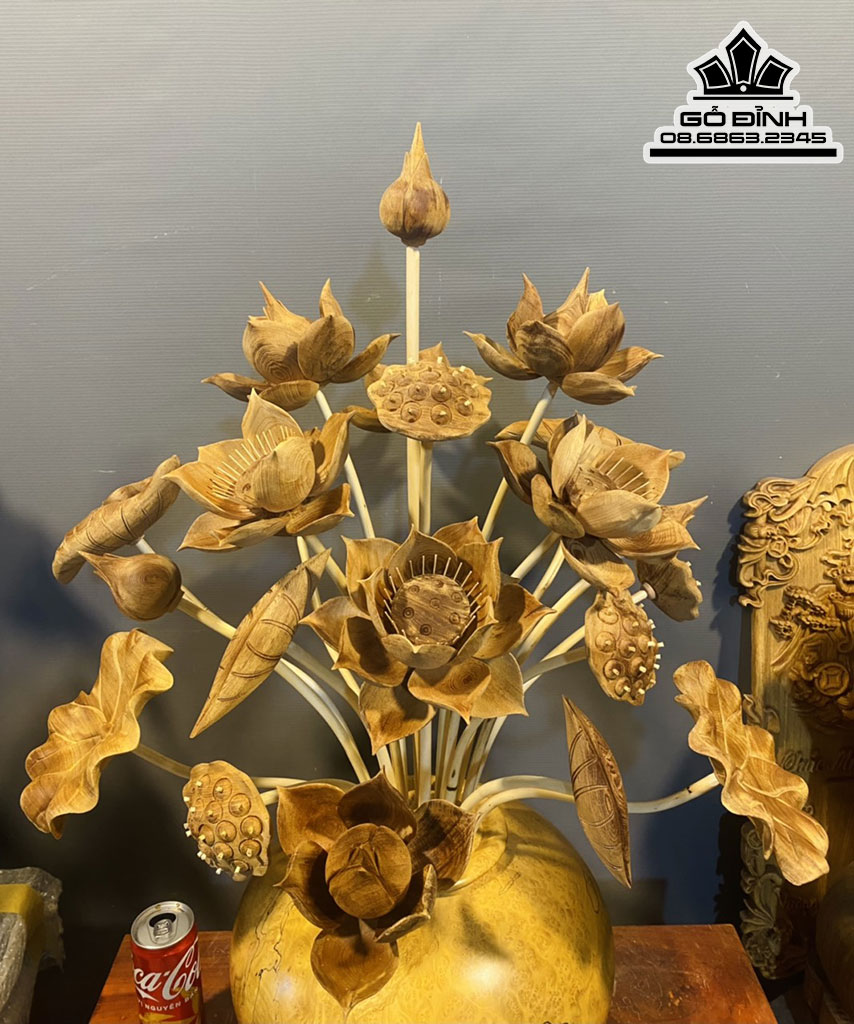 Bình Hoa Sen 21 Cành Gỗ Ngọc Am Cao 85 Đường Kính 38 (cm)