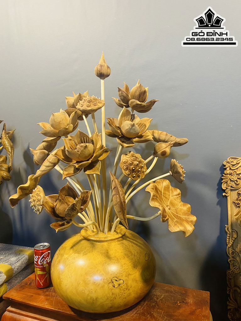 Bình Hoa Sen 21 Cành Gỗ Ngọc Am Cao 85 Đường Kính 38 (cm)