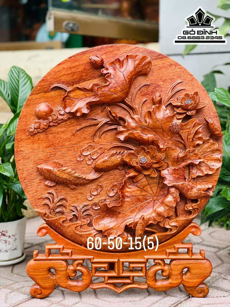 Đĩa Hoa Sen Cá Chép Gỗ Hương Đá Cao 60 Ngang 50 Sâu 15 (cm)