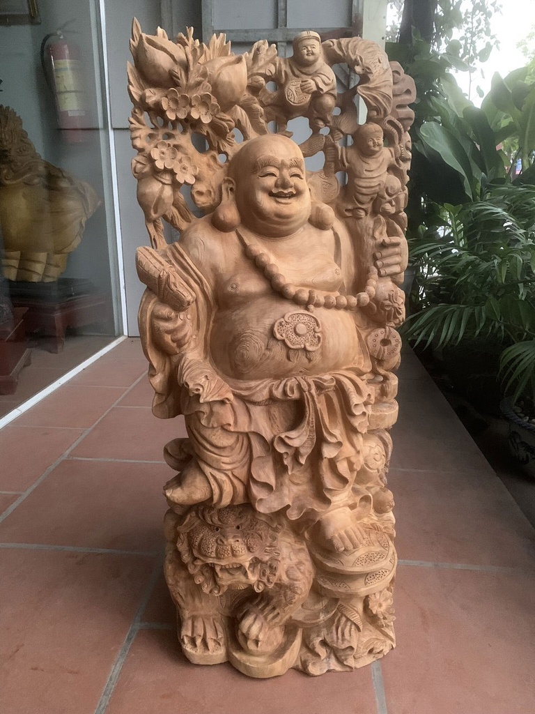 Tượng Phật Di Lặc Tam Phúc Gỗ Ngọc Am Cao 95 Ngang 50 Sâu 36 (cm)