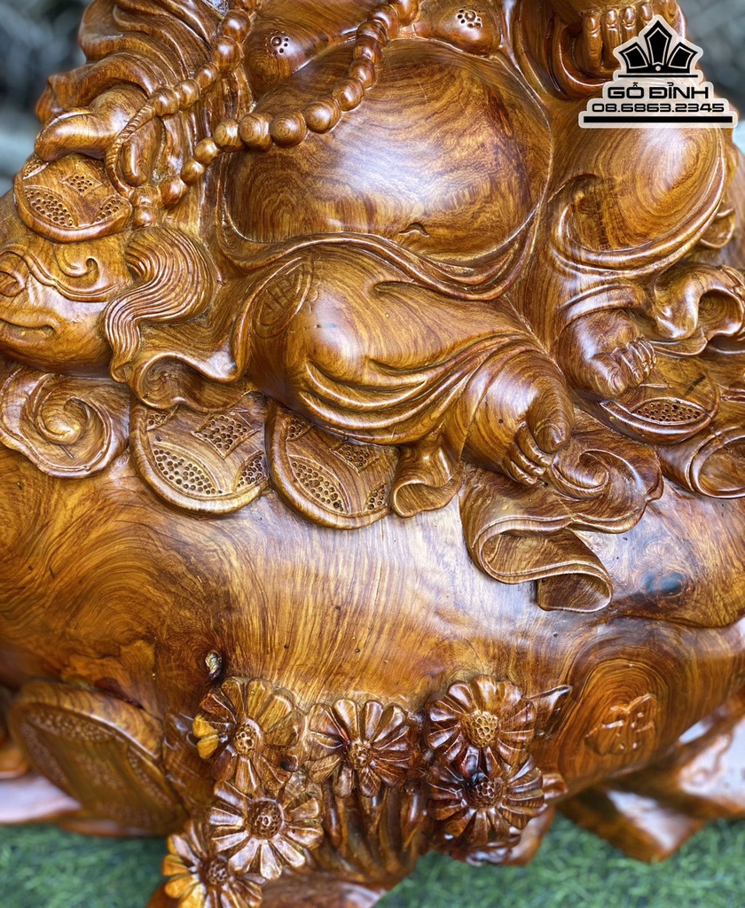 Tượng Phật Di Lặc Tam Phúc Ngồi  Bao Tiền Gỗ Hương Ta Cao 40 Ngang 54 Sâu 28 (cm)