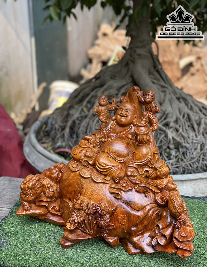 Tượng Phật Di Lặc Tam Phúc Ngồi  Bao Tiền Gỗ Hương Ta Cao 40 Ngang 54 Sâu 28 (cm)