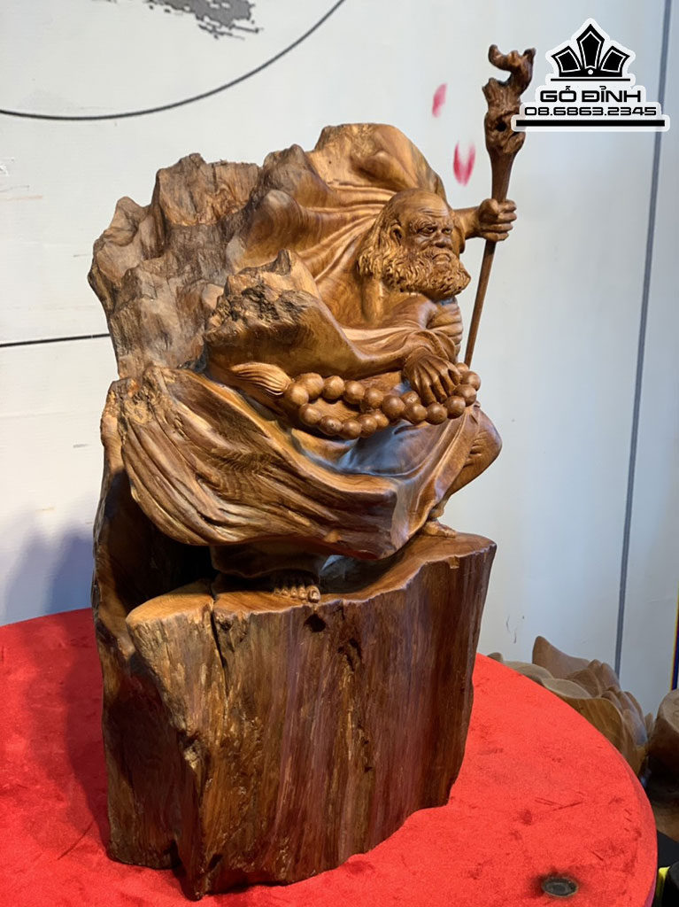 Tượng Đạt Ma Múa Võ Gỗ Ngọc Am Hà Giang Nguyên Khối Cao 42 Ngang 30 Sâu 25 (cm)