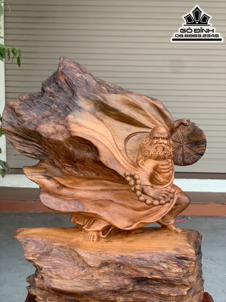 Tượng Đạt Ma Múa Võ Gỗ Ngọc Am Hà Giang Nguyên Khối Cao 47 Ngang 36 Sâu 21 (cm)