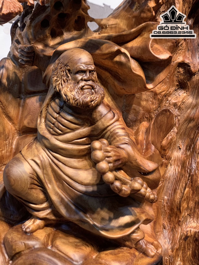 Tượng Đạt Ma Múa Võ Gỗ Ngọc Am Hà Giang Nguyên Khối Cao 59 Ngang 34 Sâu 20 (cm)