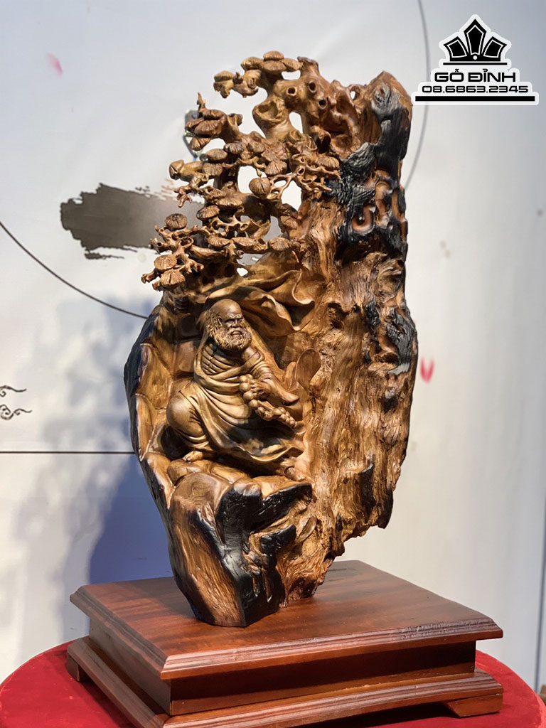 Tượng Đạt Ma Múa Võ Gỗ Ngọc Am Hà Giang Nguyên Khối Cao 59 Ngang 34 Sâu 20 (cm)