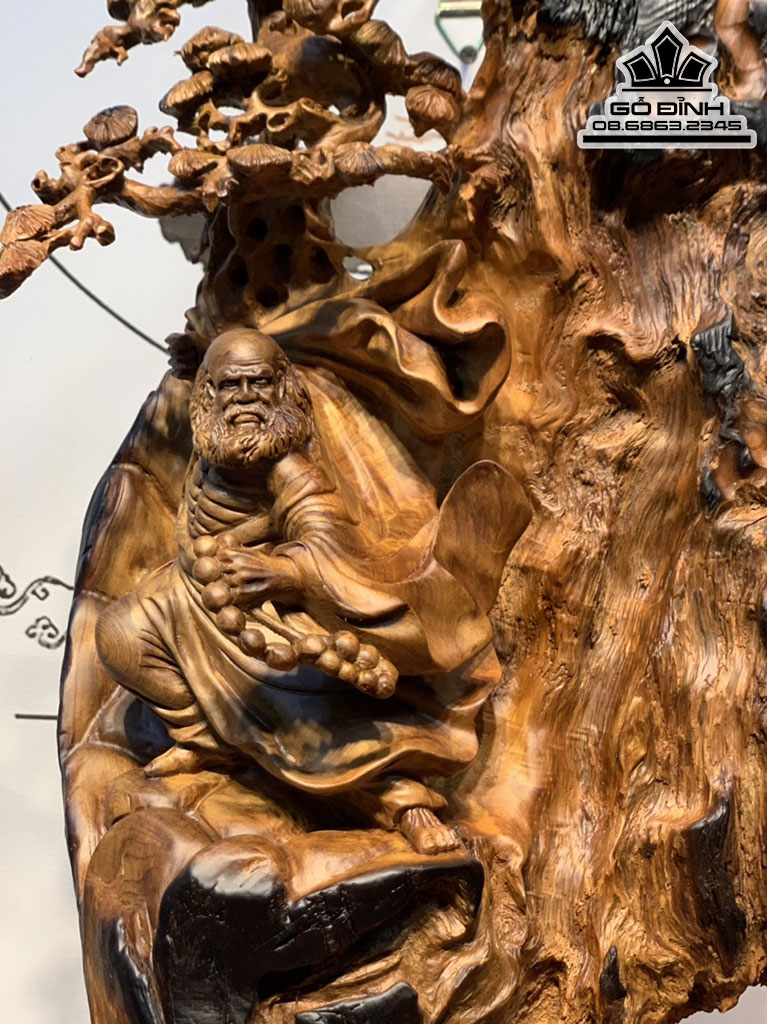 Tượng Đạt Ma Múa Võ Gỗ Ngọc Am Hà Giang Nguyên Khối Cao 59 Ngang 34 Sâu 20 (cm)