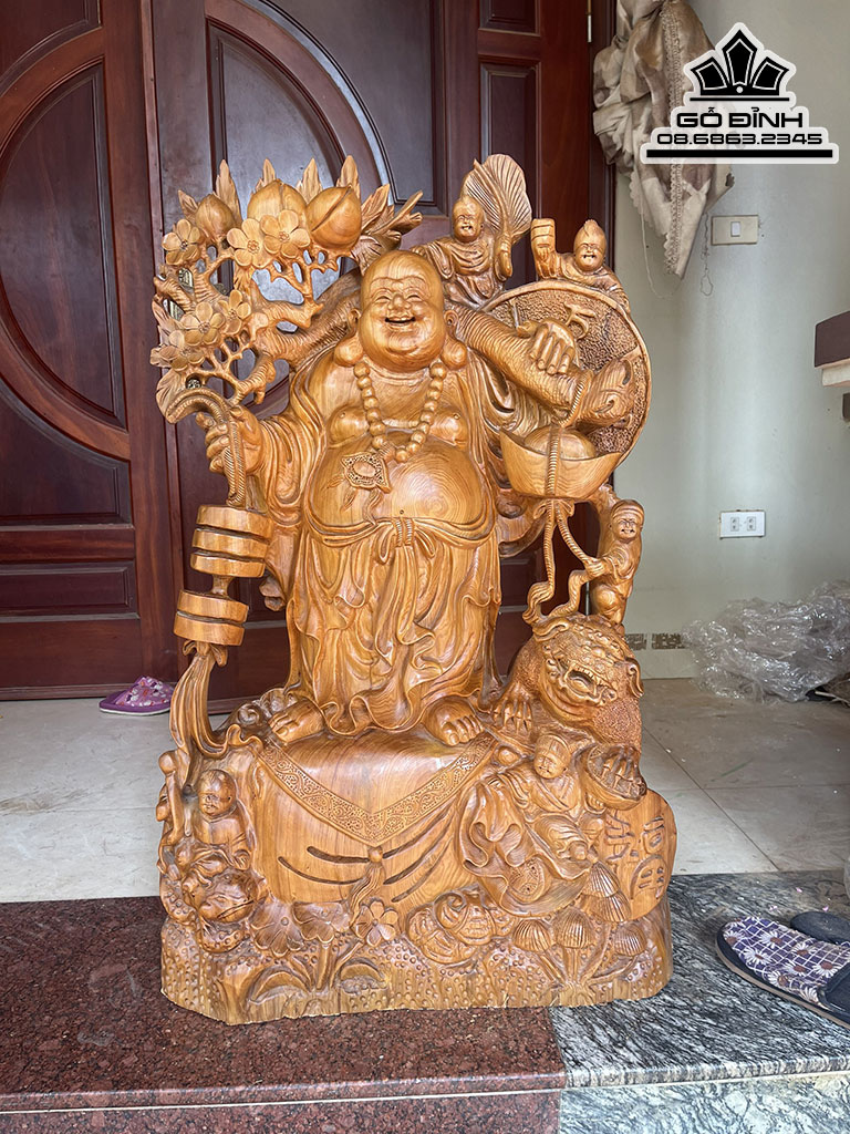 Tượng Phật Di Lặc Ngũ Phúc Gỗ Ngọc Am Nguyên Khối Cao 98 Ngang 55 Sâu 22 (cm)