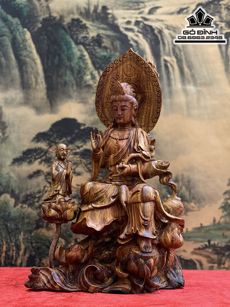 Tượng Phật Bà Quan Âm Gỗ Sưa Cao 38 Ngang 25 Sâu 23 (cm)