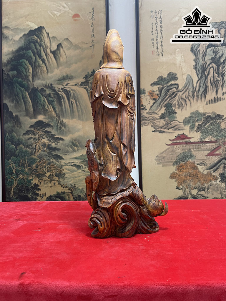Tượng Phật Bà Quan Âm Gỗ Sưa Nguyên Khối Cao 41 Ngang 19 Sâu 14 (cm)