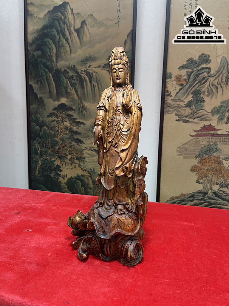 Tượng Phật Bà Quan Âm Gỗ Sưa Nguyên Khối Cao 41 Ngang 19 Sâu 14 (cm)