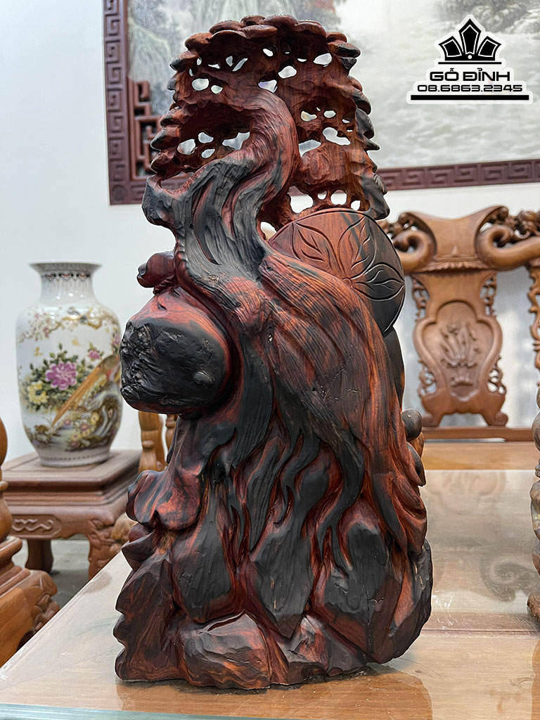 Tượng Phật Di Lặc Ngồi Gốc Tùng Gỗ Trắc Nguyên Khối Cao 43 Ngang 23 Sâu 11 (cm)