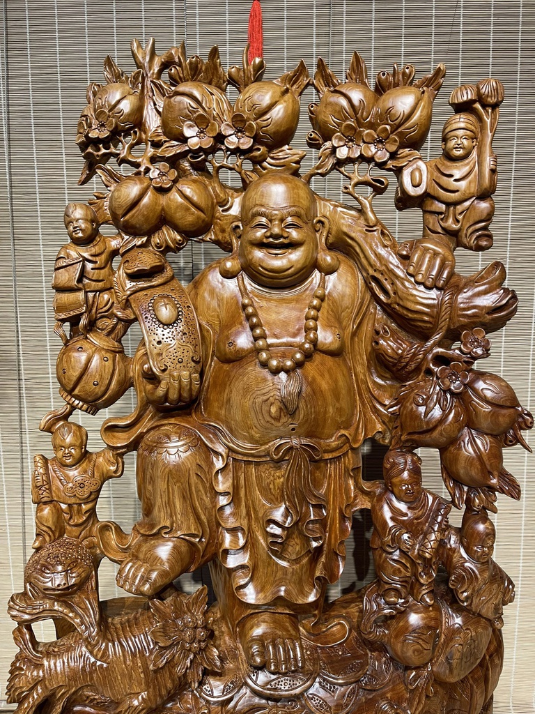 Tượng Phật Di Lặc Ngũ Phúc Gỗ Ngọc Am Nguyên Khối Cao 100 Ngang 62 Sâu 20 Cả Kỷ 115 (cm)