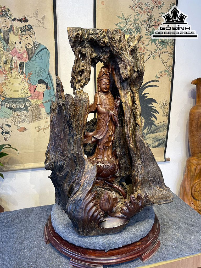 Tượng Quan Âm Gỗ Hương Việt Cao 79 Ngang 48 Sâu 46 (cm)