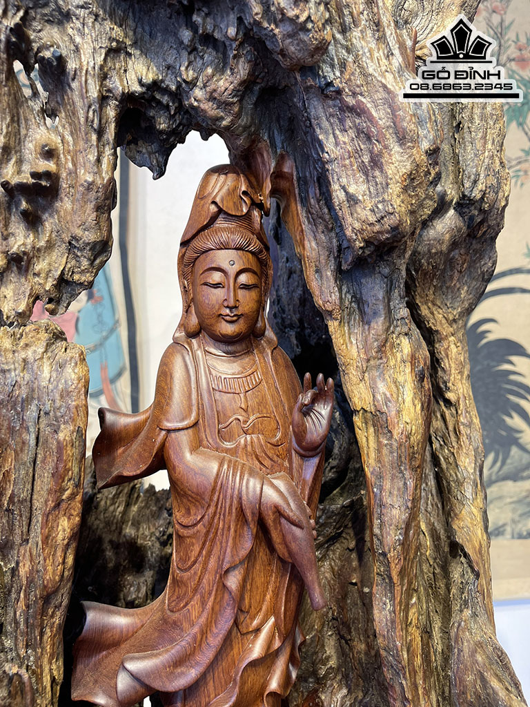 Tượng Quan Âm Gỗ Hương Việt Cao 79 Ngang 48 Sâu 46 (cm)